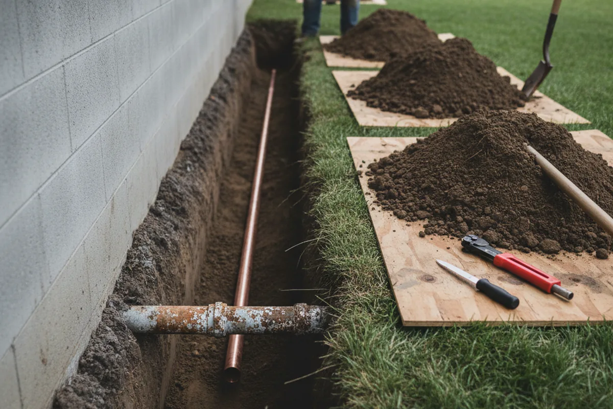 Excavated water line trench during Water Softener Installation in Converse